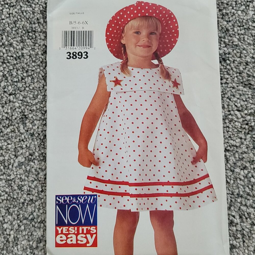 Butterick Girls Dress Pattern #3893  New Uncut   Size 5 to  6X